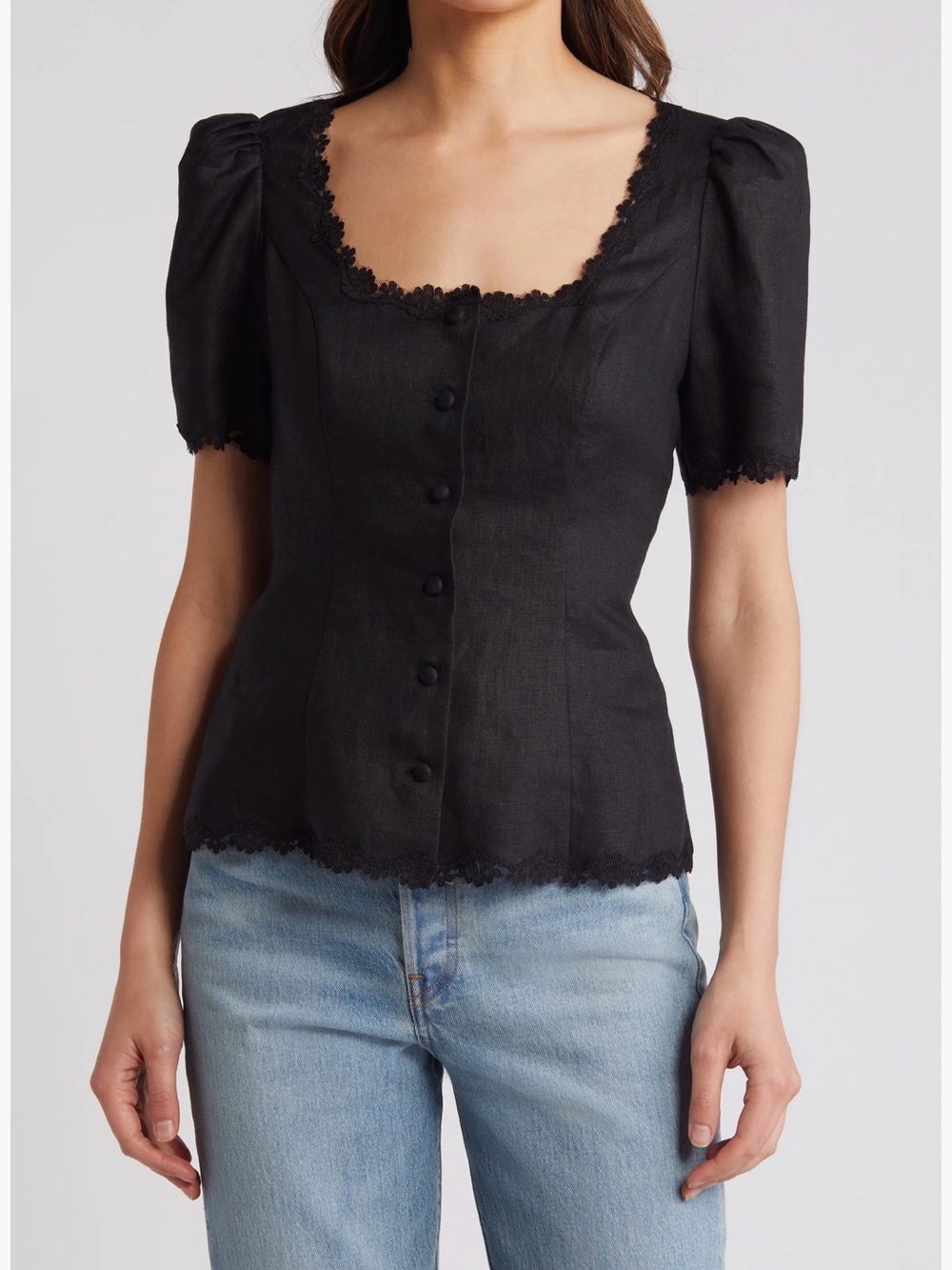 Reformation Anabella Black Linen Lace Button Up